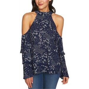1. STATE Mock Neck Ditsy Floral Cold Shoulder Tiered Ruffle Sleeves Blouse L